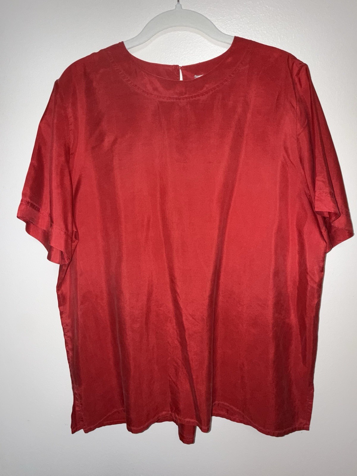 100% Silk Shirt Blouse Vtg 90s Boxy Minimalist Top Red SS Keyhole Back M L 40+