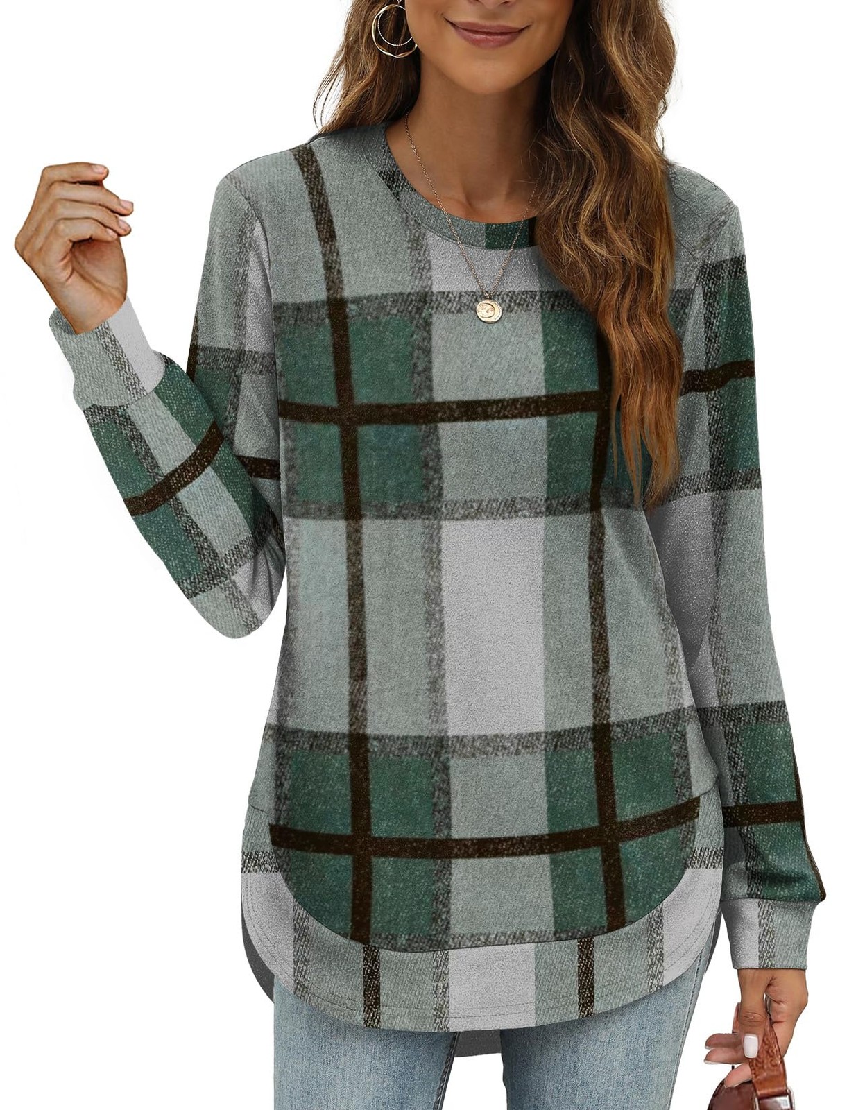 Womens Sweatshirt No Hood Womens Tops Dressy Casual Long Sleeve Plaid Green M