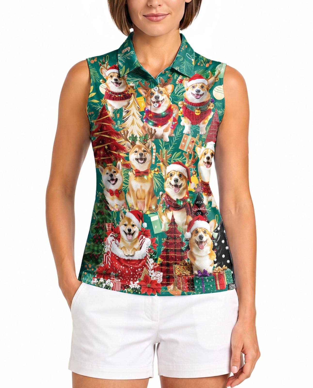 : Christmas Dog Women’s Sleeveless Performance Polo Shirt Holiday Golf Tennis