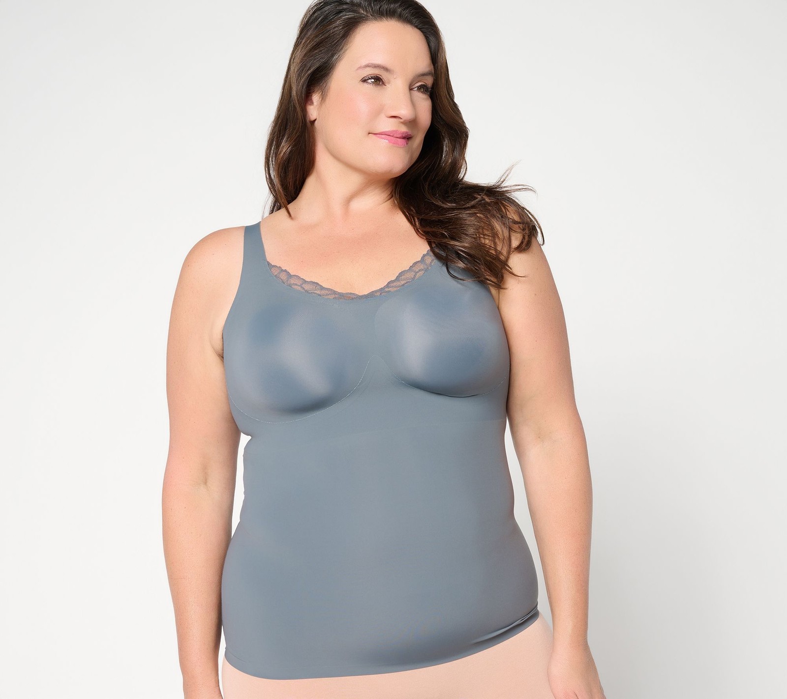Evelyn & Bobbie Lace Trimmed V-Neck Seamless Bra Cami Slate Grey 3XL New