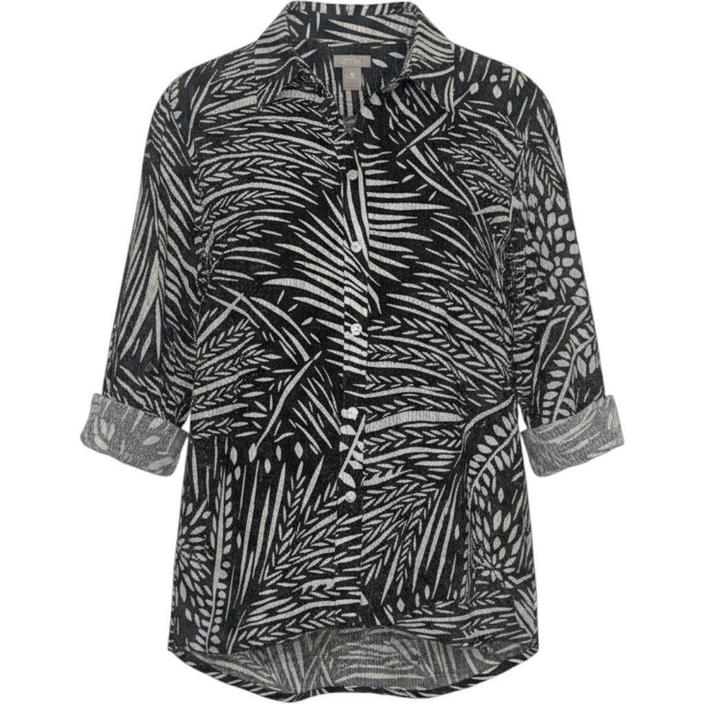 Chicos Button Down Shirt Women 3 US 16 Navy Tropical Seersucker Palm Leaf Resort