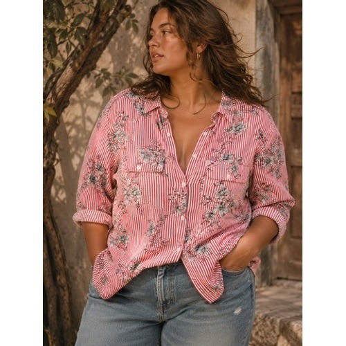 K. Jordan Womens 1X Red White Striped Floral Rayon Button Down Shirt Long Sleeve