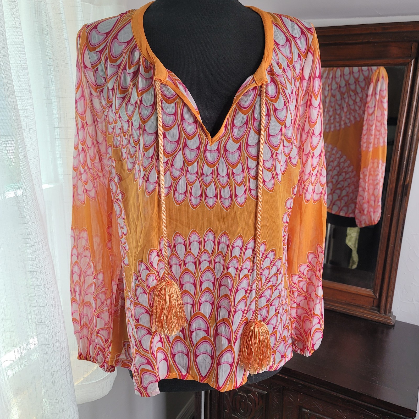 Rose & Olive Orange Pink Feather Print Sheer Blouse Medium Boho Tassel Neck