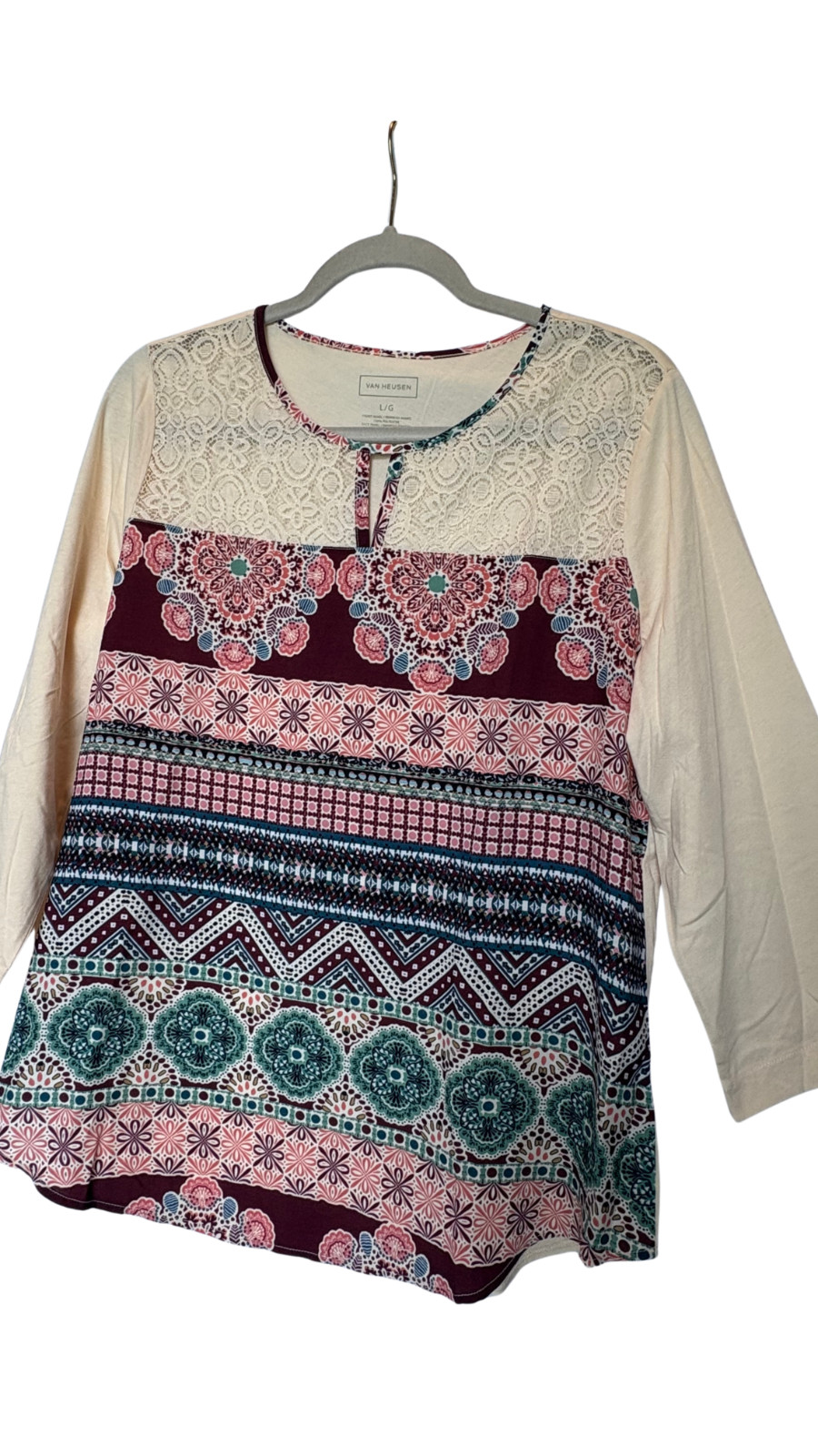 Van Heusen Women’s 3/4 Sleeve Blouse Size Large Boho Lace Print Career Top