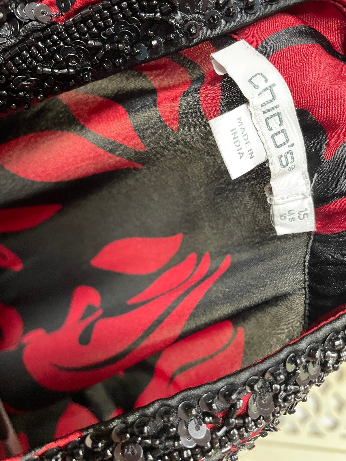Chico’s satin tunic long sleeve beaded neckline blouse Red Allure Sz 1.5/10