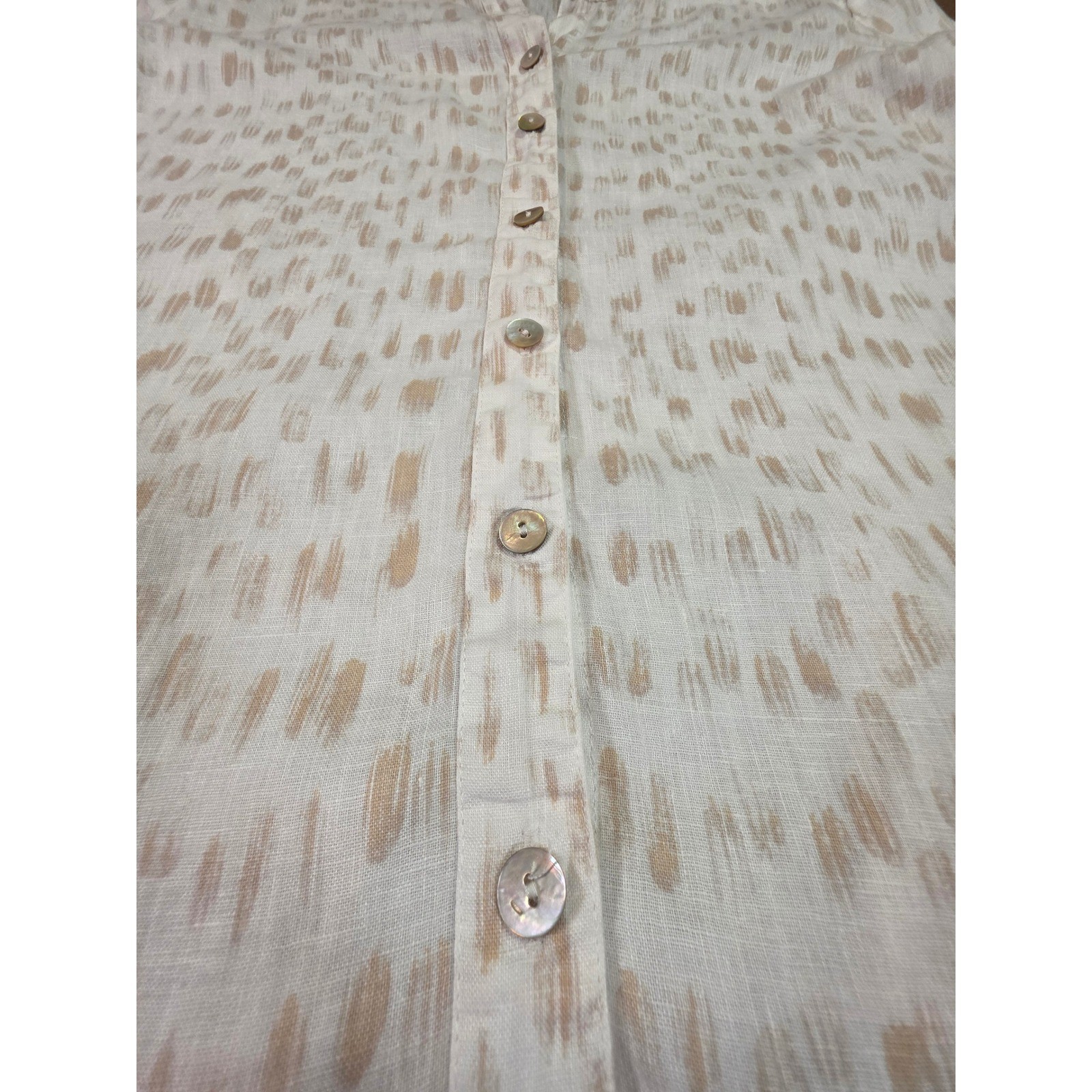 ZOZO Womens 100% Linen Button Down Tunic Shirt White Tan Ikat Print Size L