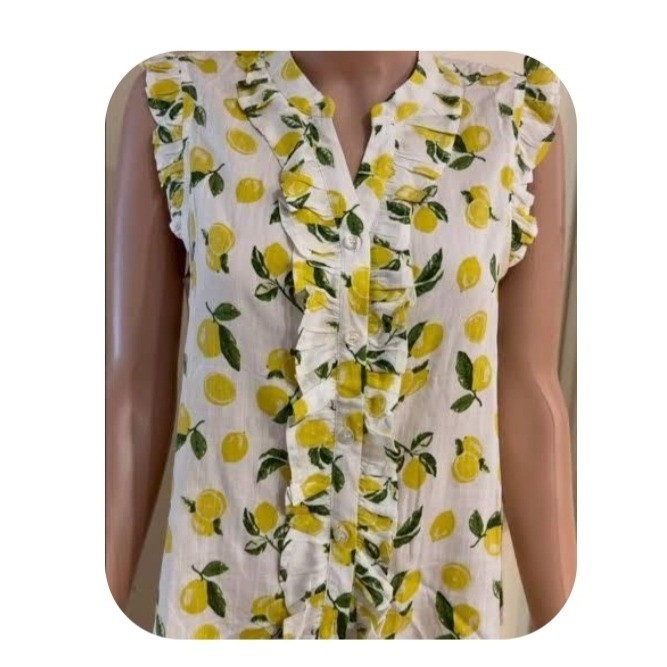 Ember Womens Lemon Print Sleeveless Ruffle Trim V-Neck Blouse Top Size Large NWT