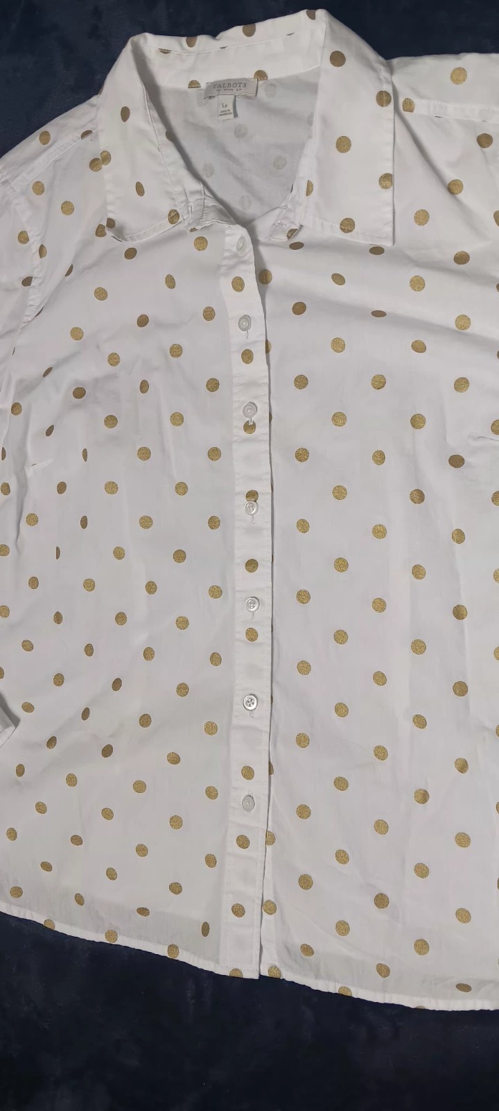 Talbots Petites Long Sleeve Button Up LP White Hold Poka Dots Preppy Classic