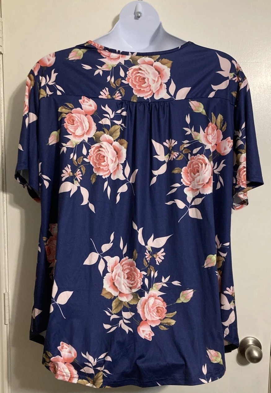 Women Allegrace Blue Floral Design Short Sleeve Polyester Pullover Blouse Sz 4X