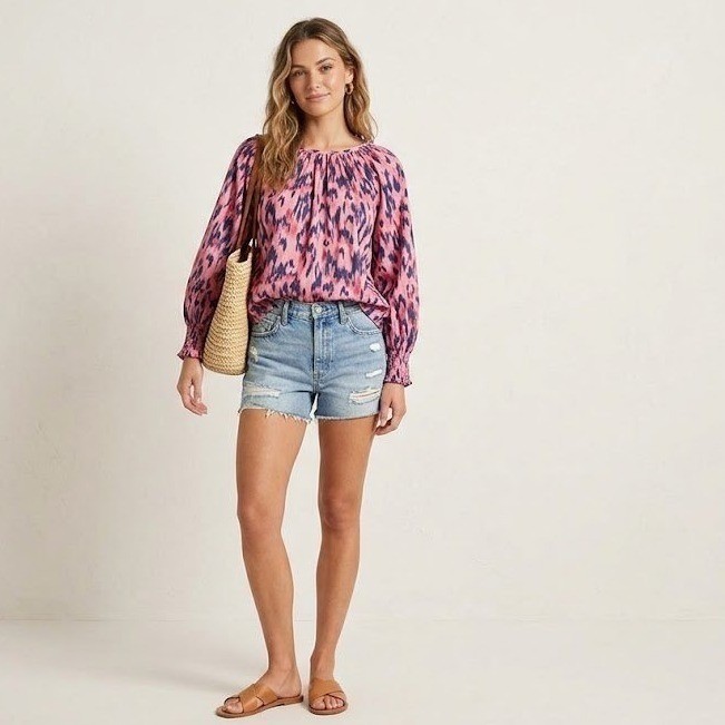 Beach Lunch Lounge Blouse Women Large Pink Ikat Print Smocked Cuff Top