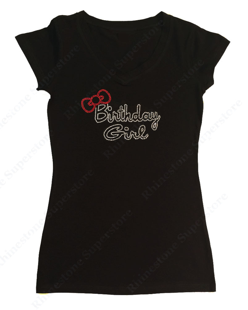 Women’s Rhinestone T-Shirt ” Birthday Girl w/ Red Bow ” S, M, L, 1X, 2X, 3X