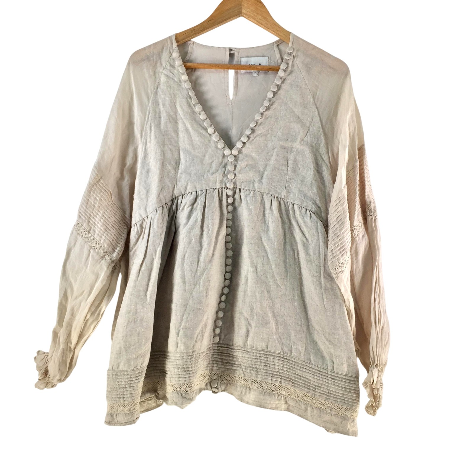 Joslin Blouse Womens US 4 Au 8 Beige Linen Ramie V Neck Long Sleeve 138228