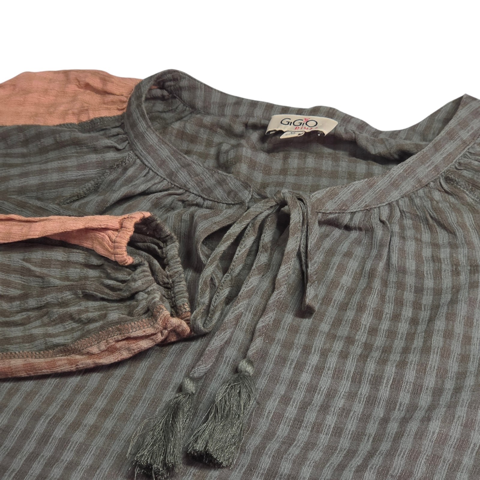 GiGiO Plus XL Olive Brown Plaid Gauze Peasant Blouse Tassel Tie Boho Tunic