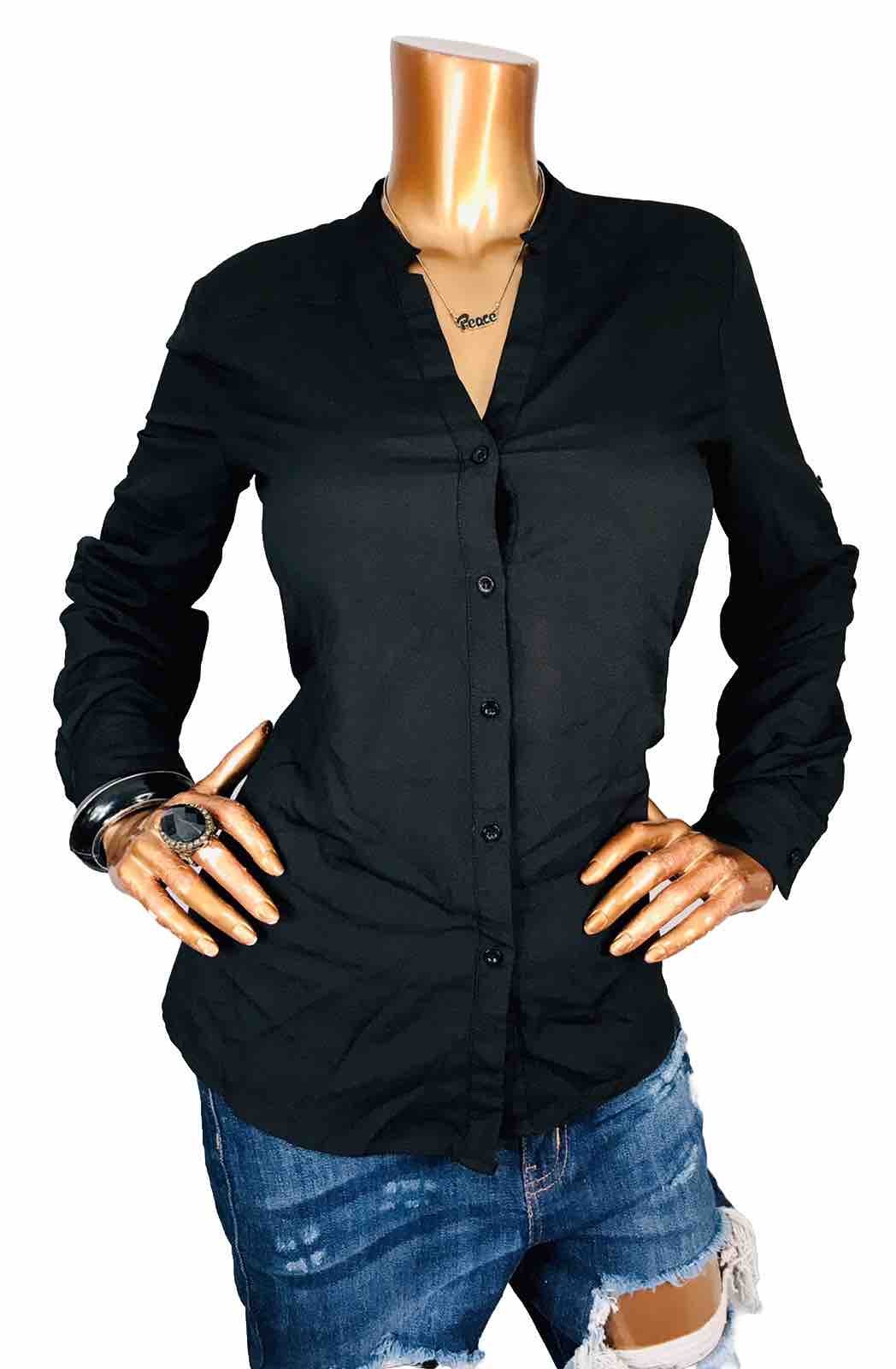 Karl Lagerfeld Paris M Top Stretch Button Up Shirt Black Silky Satin Logo Blouse