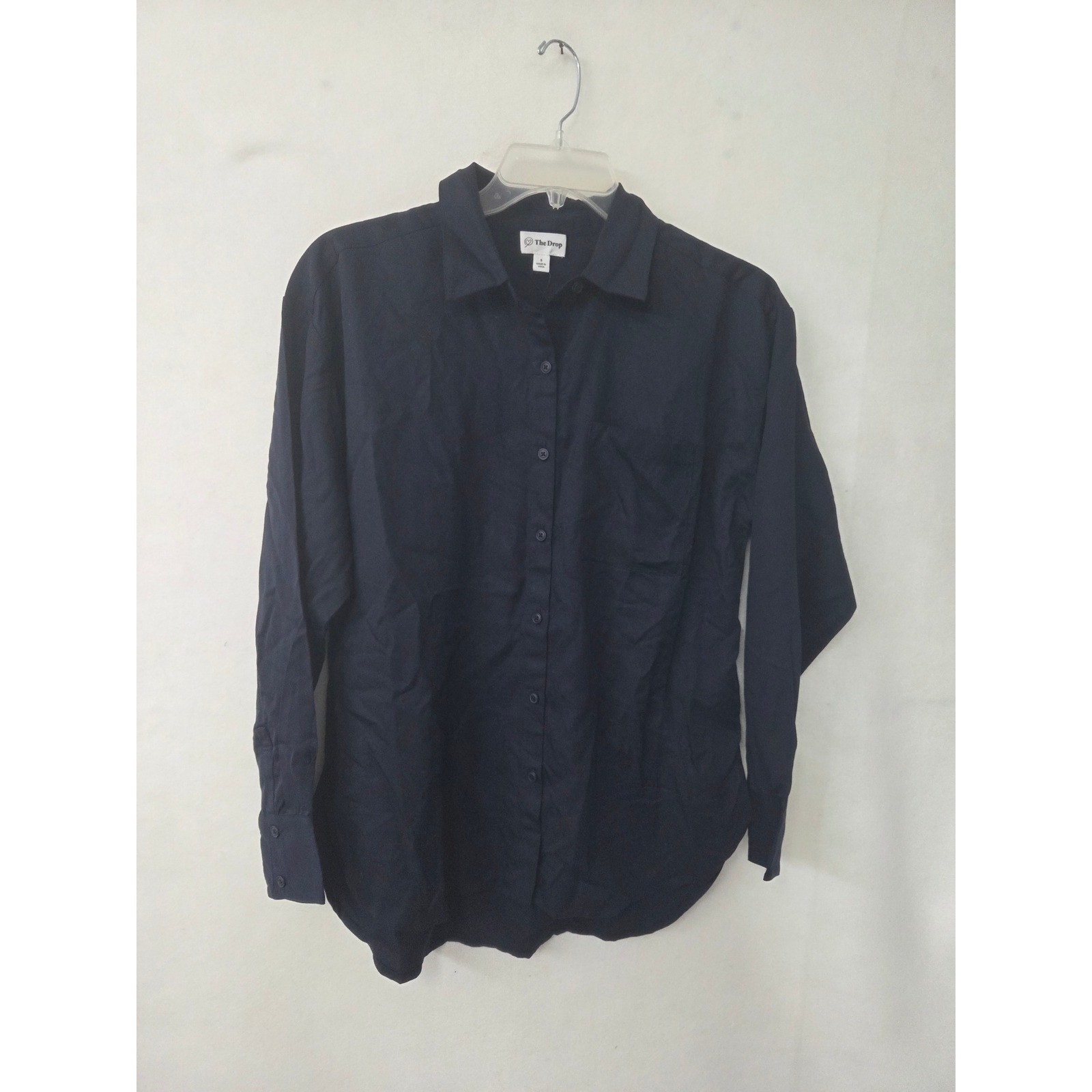 The Drop Button Up Shirt Womens Small Navy Blue Tencel Oversized Long Sleeve
