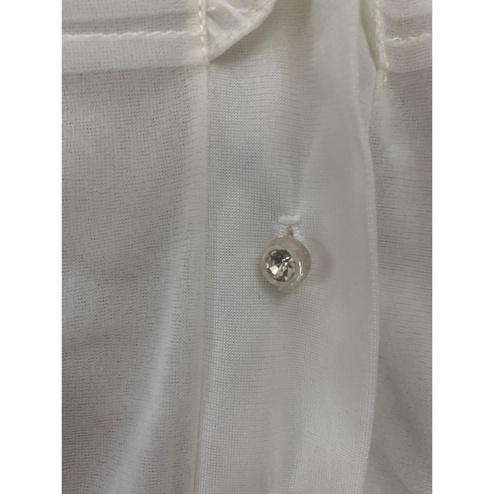 50’s VTG White Sheer Ruffle V-Neck Blouse Rhinestone Button feminine roka