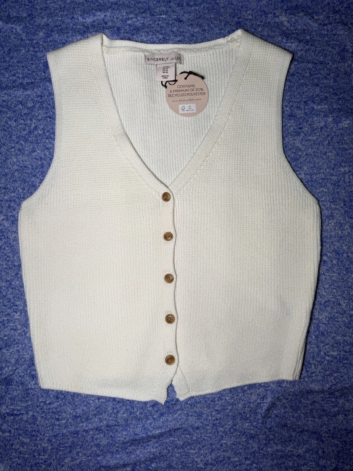 SINCERELY JULES Ivory Knit Button Front V-Neck Vest M Women’s Recycled Polyester