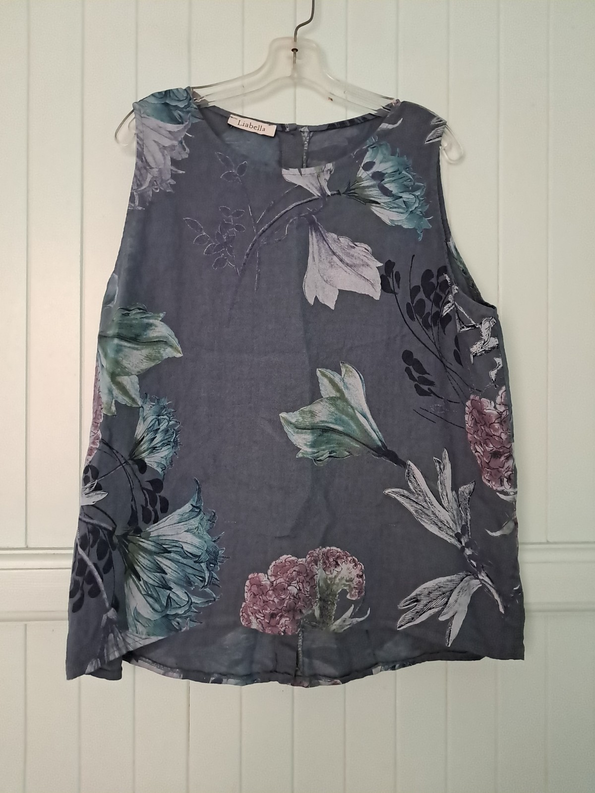 Liabella Linen Popover Blouse Tank Sz L One Size Lagenlook Floral Blue Italy