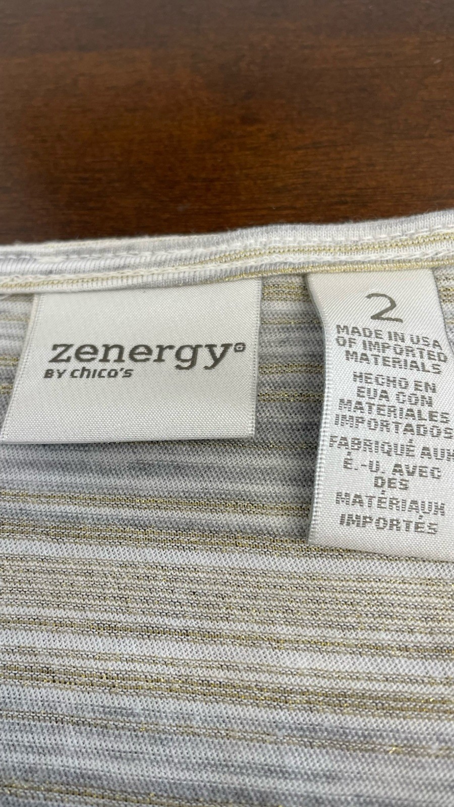 NWT Chico’s Zenergy Frieda Stripe Abstract Print 3/4 Sleeve Metallic Accent