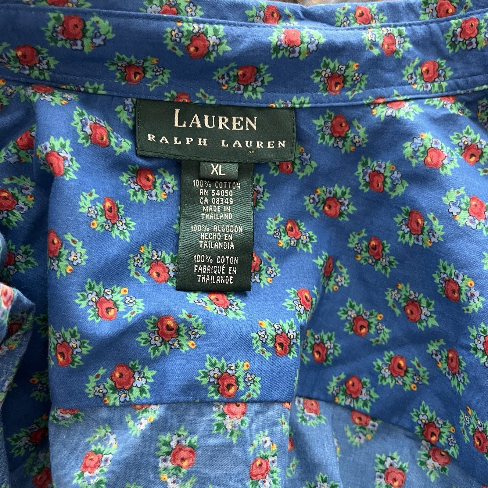LRL Ralph Lauren Wrap Top XL Blue Red Floral Bell Sleeve Ruffles Vintage Women’s