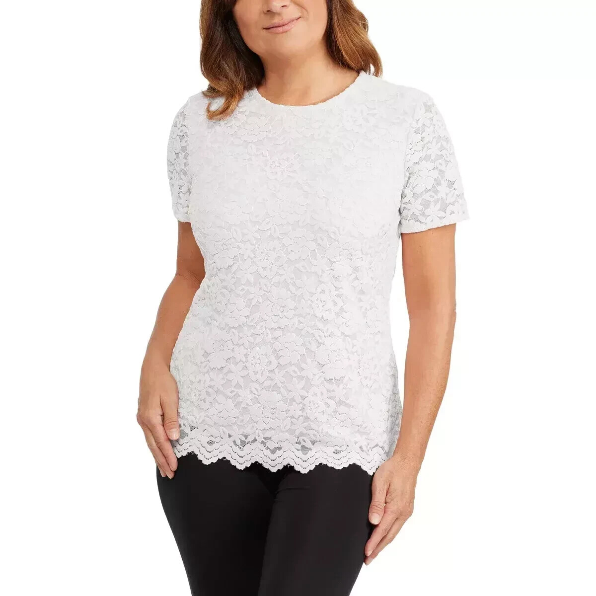 Teddi Rose Women’s Crewneck Short Sleeve Blouse-Lace Top(1753860)