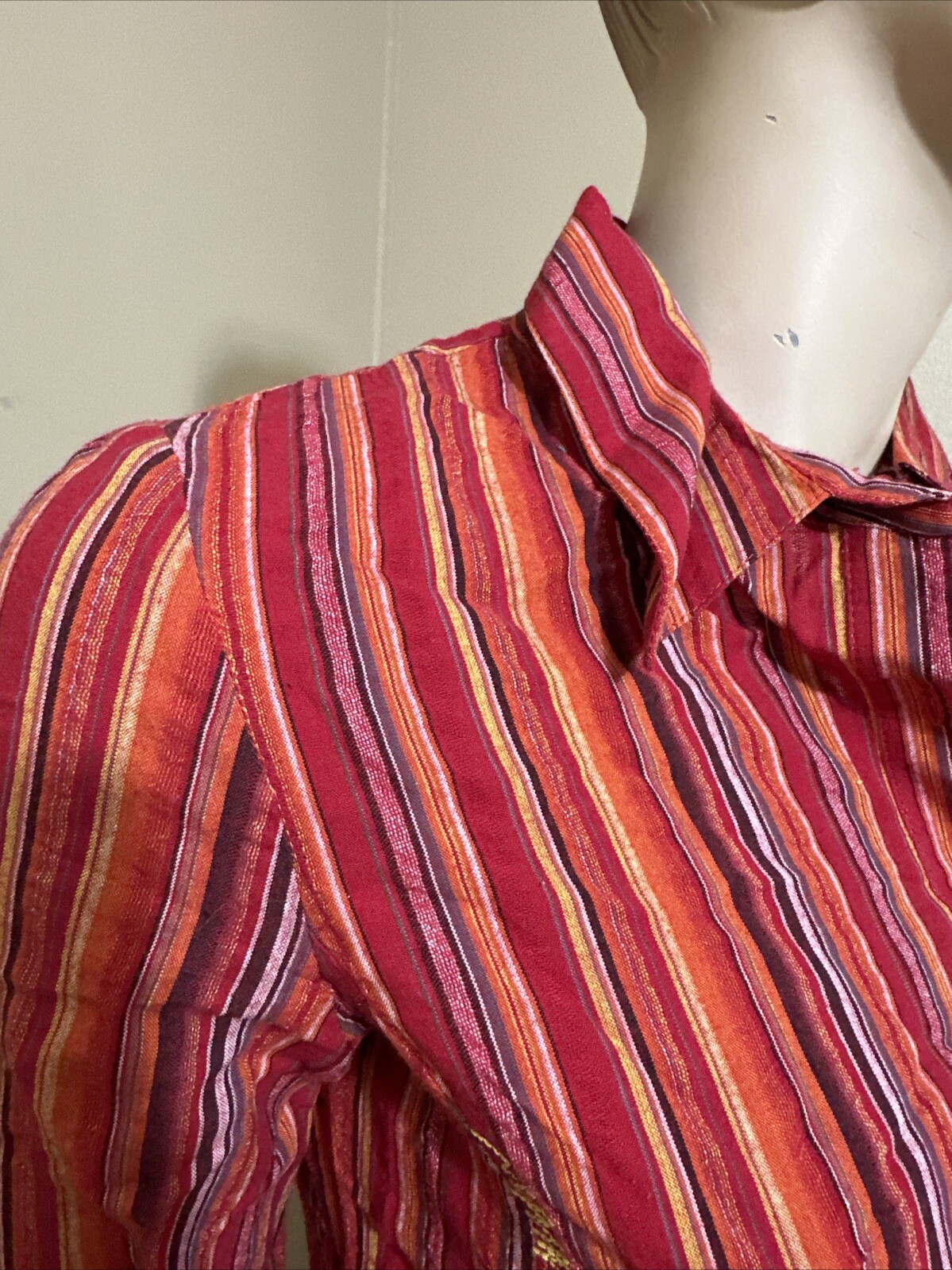Women’s Red Striped Cotton Casual Embroidered Collared Size M Button-up Top