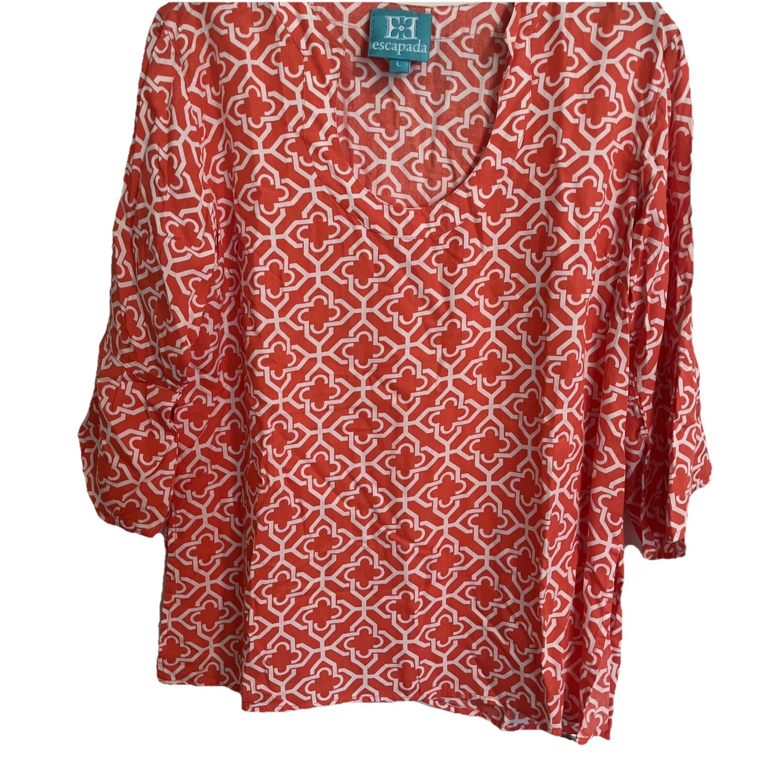 Escapada Tunic Top Round Neck Orange White Size L Women Split Sides Bell Sleeve