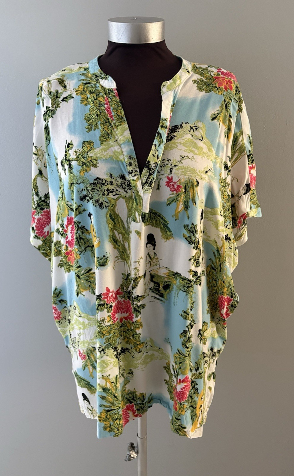 NATORI Caftan Shirt Size XL Asian Geisha Landscape Birds Mandarin Collar
