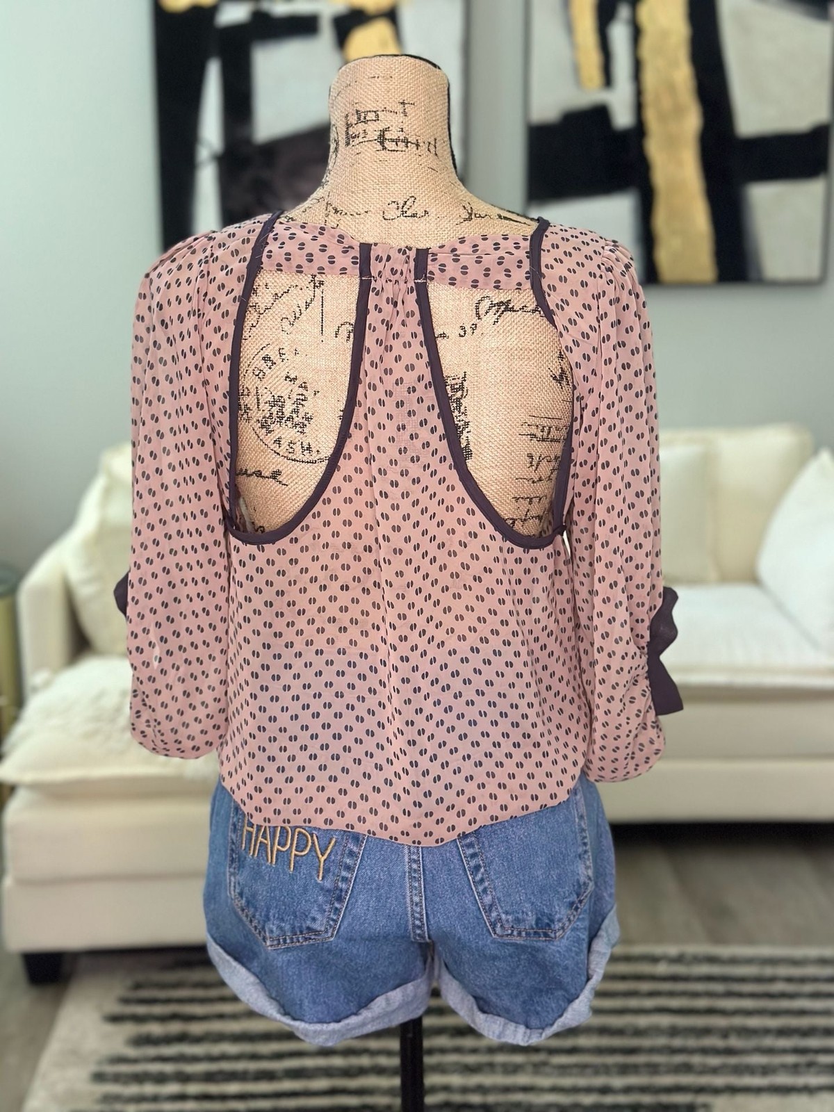 Love Culture Blush Pink and Black Geometric Print Cut-Out Back Blouse
