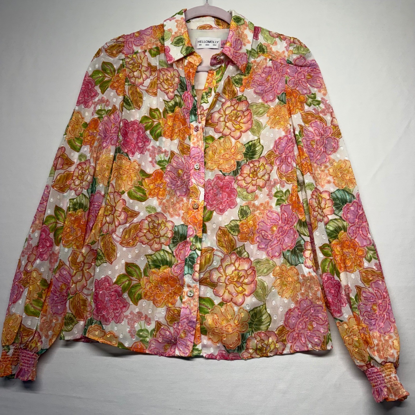 Hello Molly Romantic Whimsy Floral Metallic Swiss Dot Blouse XS Sheer Shirt