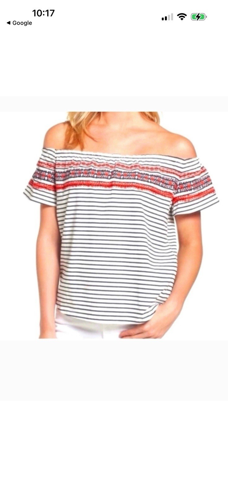 THML Anthropologie Top Off Shoulder Blue White Striped Embroidered XL Red Boho