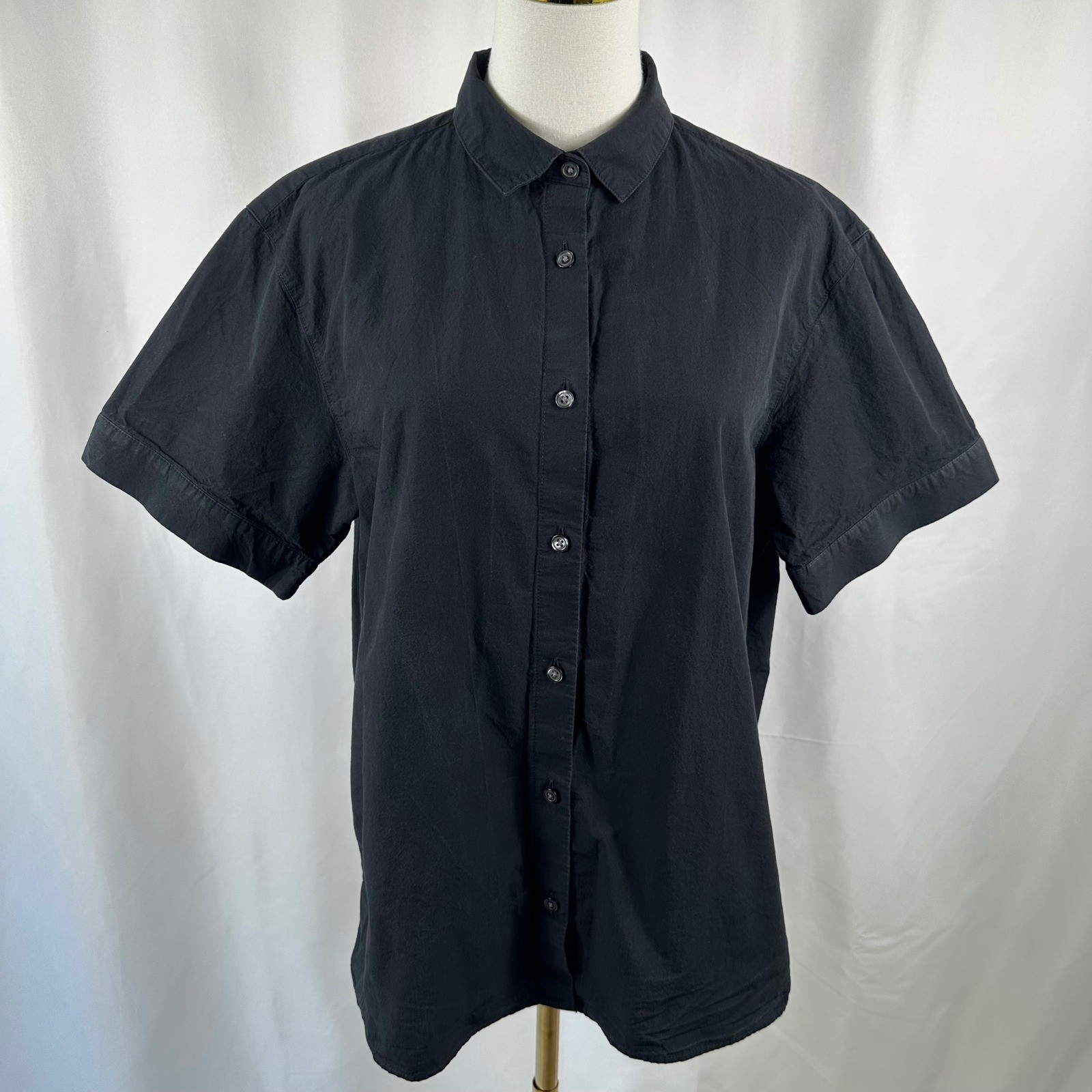 Muji Women XL Black 100% Cotton Short Sleeve Button Up Shirt Minimalist Gorpcore