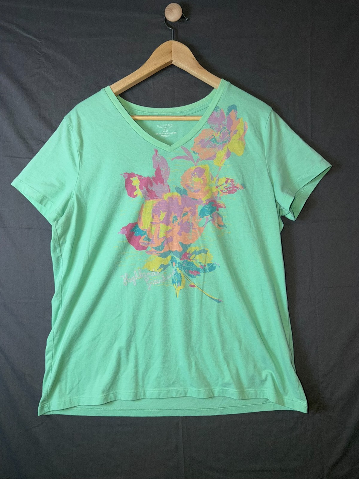 Sonoma Life + Style Floral V‑Neck Tee Light Green Size XL – Soft Cotton Blend