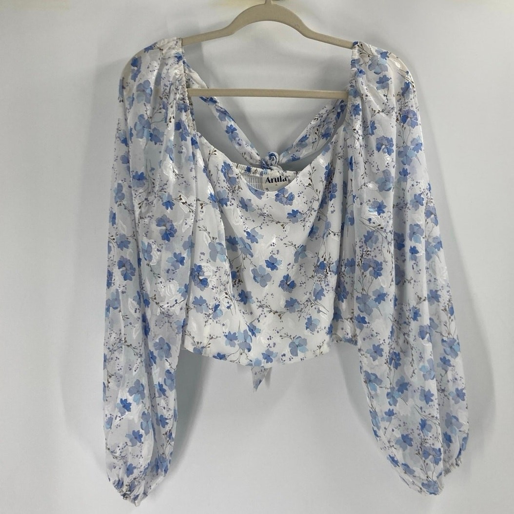 Arula Blue Floral Print Smocked Puff Sleeve Crop Blouse Cottage Women’s 1X NEW