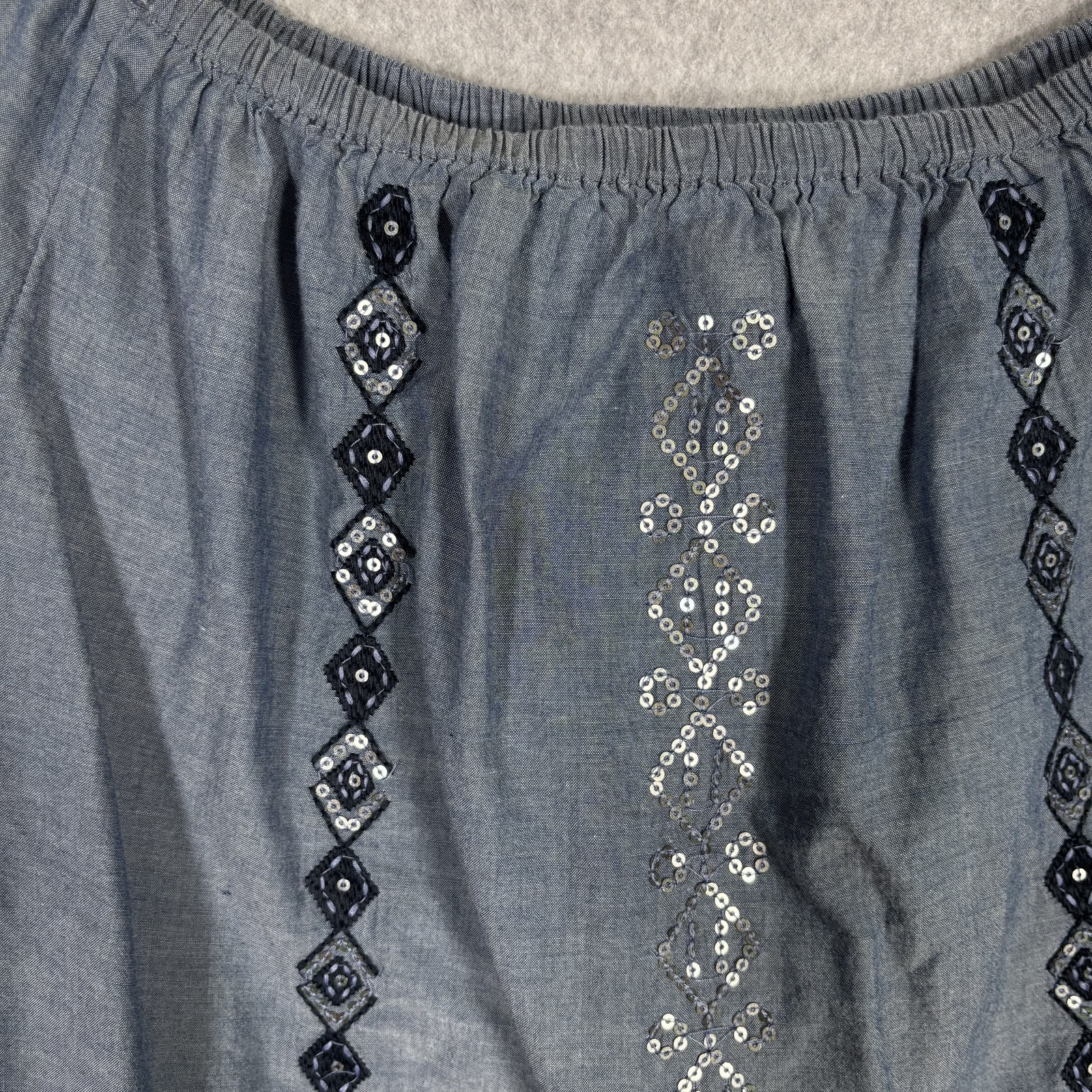 Chicos Peasant Top Small Embroidered Sequin Chambray Cotton Boho Cottage Sparkle