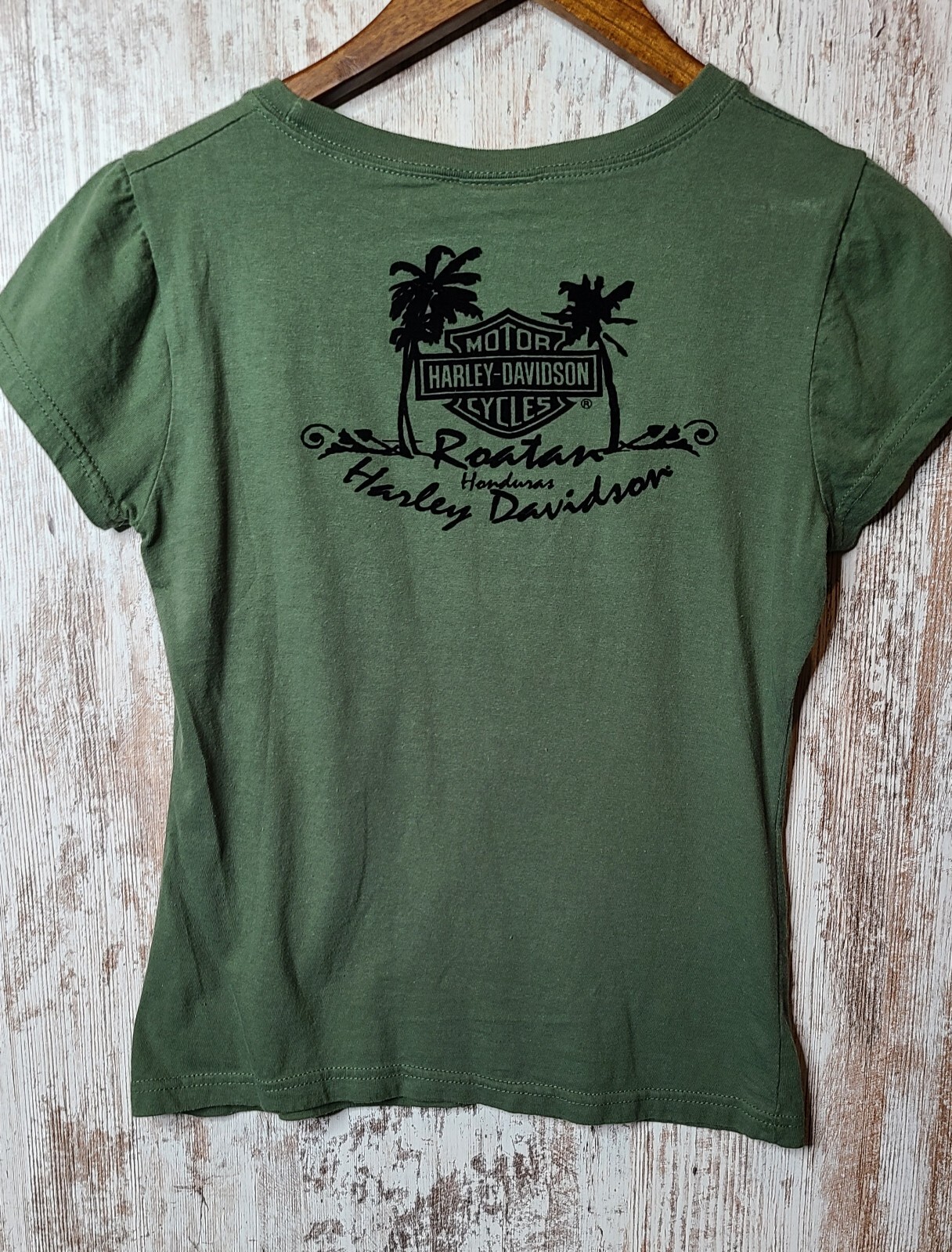 Harley Davidson Motorcycles Womens M Shirt Roatan Honduras Felt Writing On Back