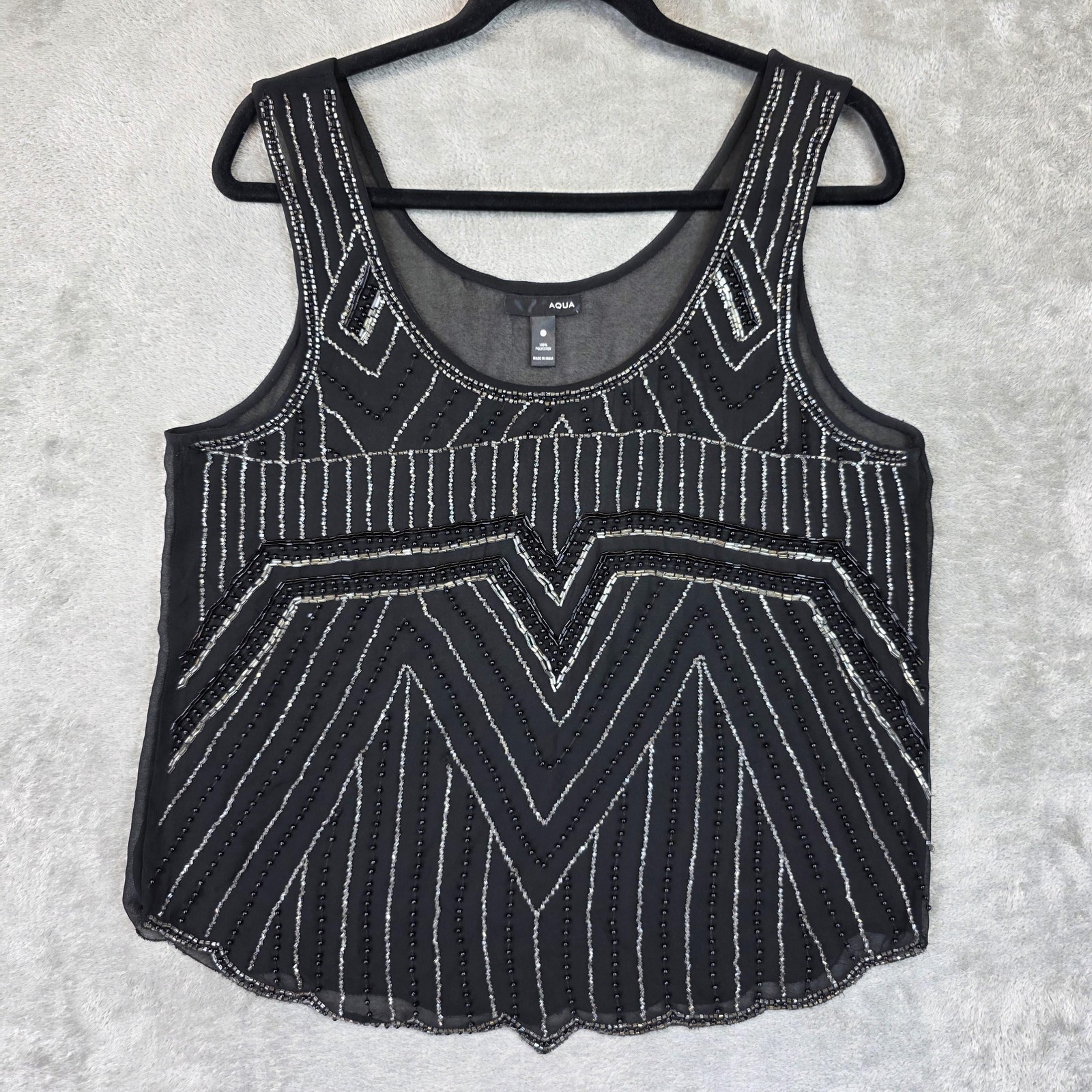 Aqua Tank Top Womens Large Black Beaded Geometric Sheer Chiffon Party Cami