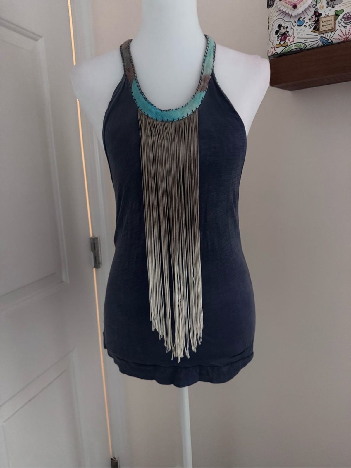 Free People Navy Halter Tank with Turquoise Fringe Necklace