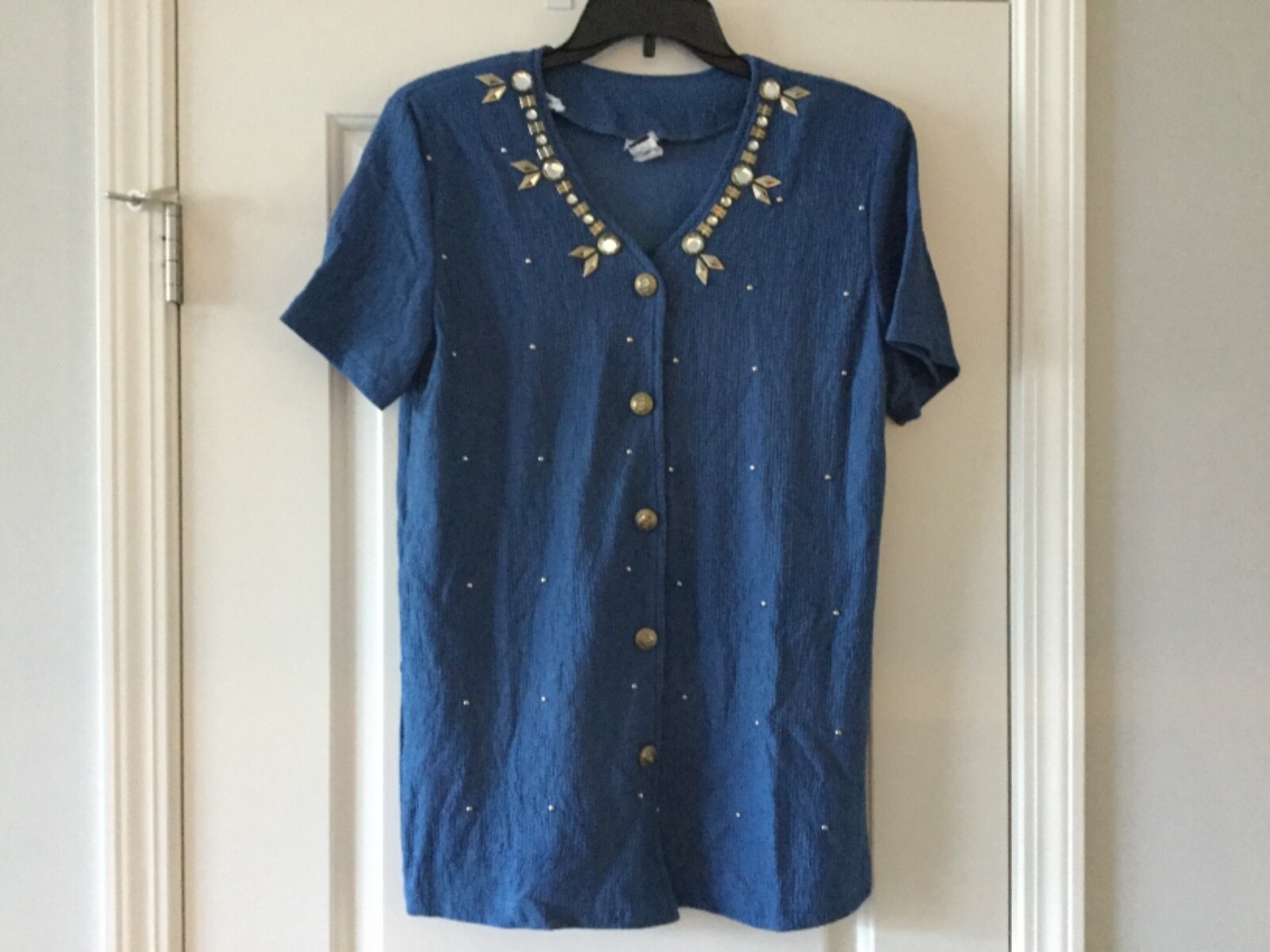 Vintage Epix Blue Embellished Women Short Sleeves Pant Suit Stretch One Size