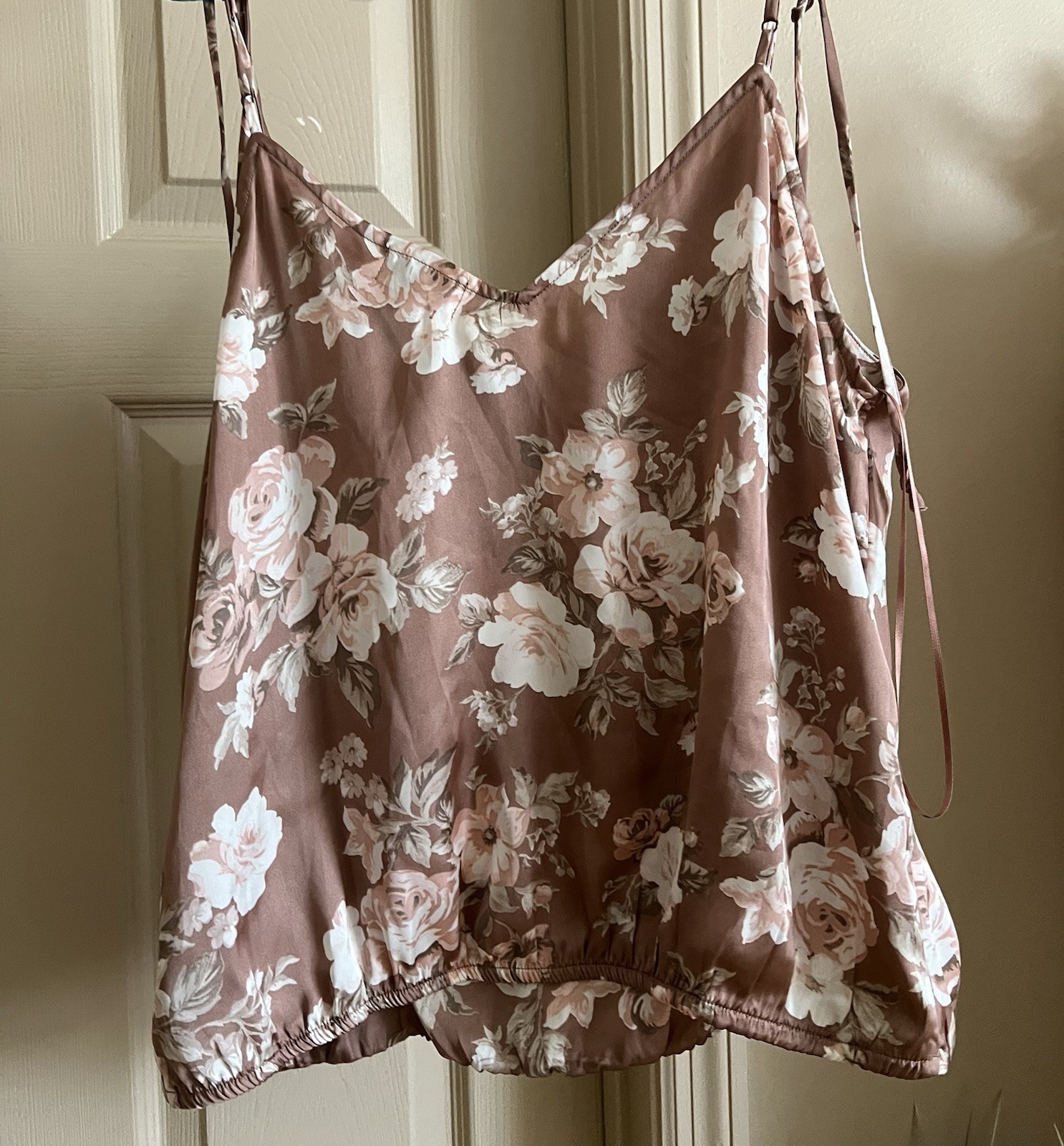 Socialite womens top Size Large. Tie Straps, Elastic Waist, Blush Pink And Brown