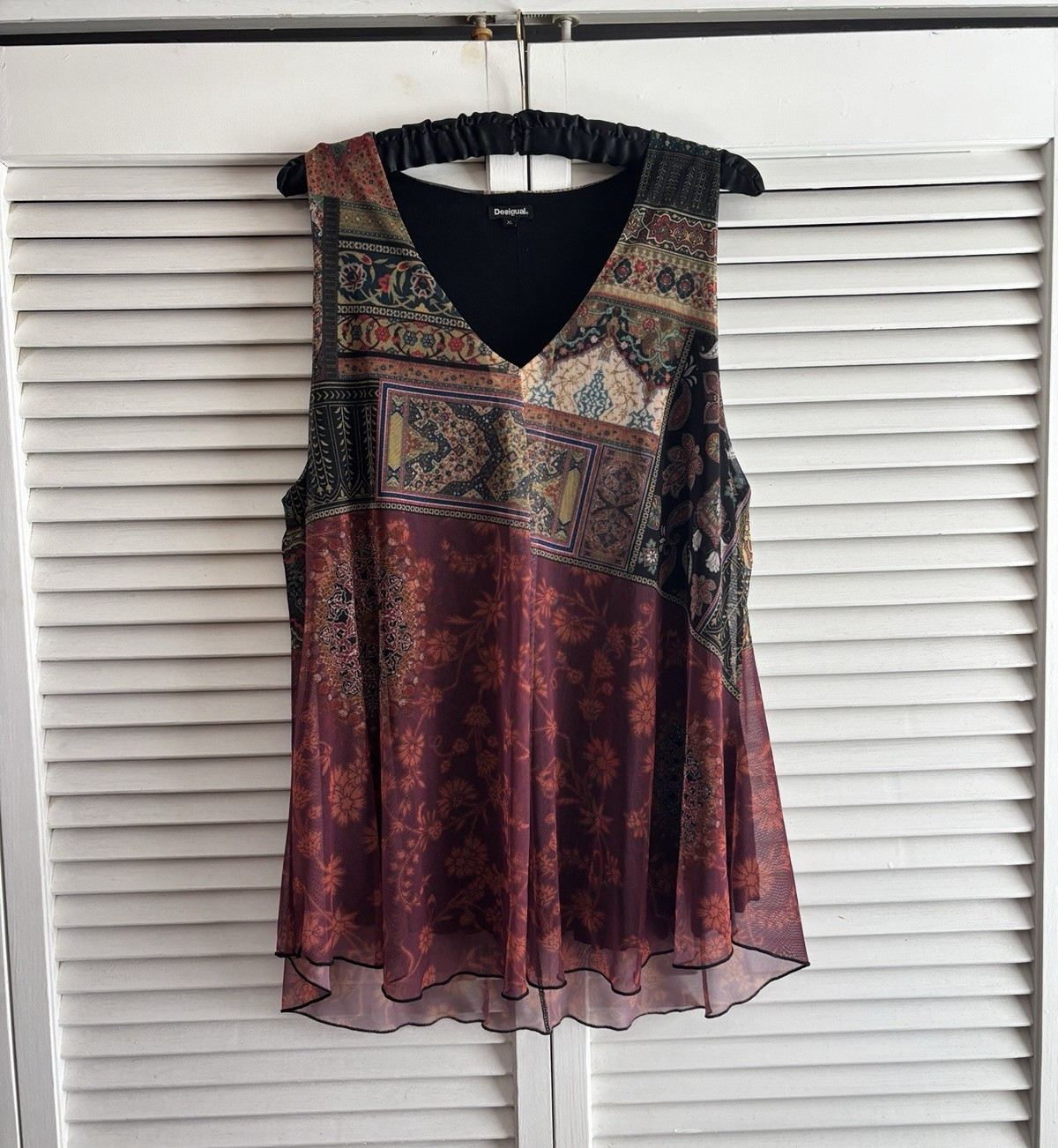 Desigual Women’s XL Multicolor Paisley Mesh Layered V-Neck Sleeveless Tank