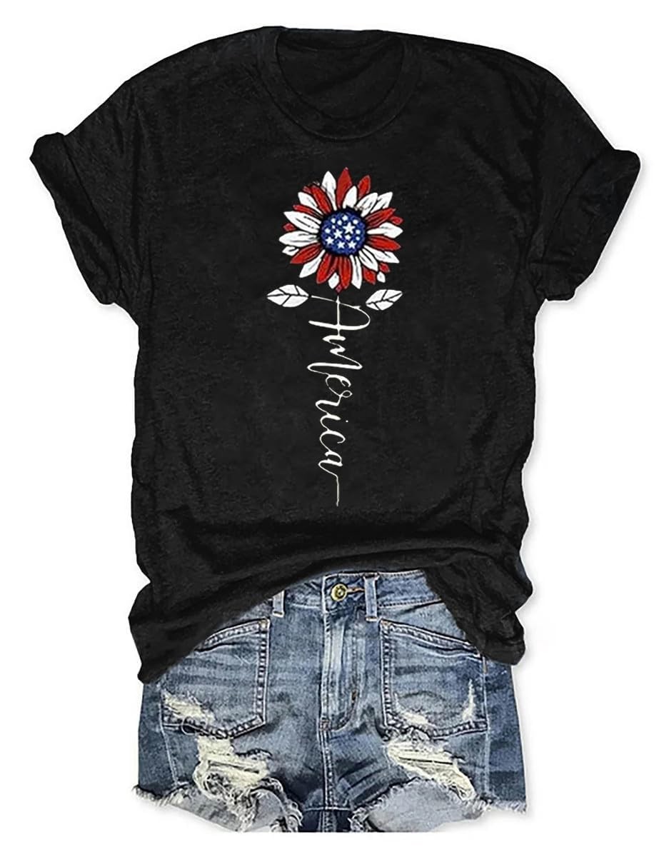 American Flag Shirts for Women 4th of July T-Shirt USA Flag Patriotic Sunflow…