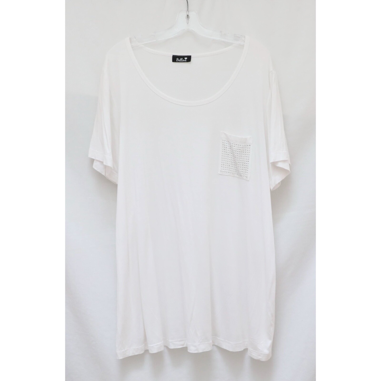 Bellina plus size tunic top 3X white t-shirt short sleeve studded pocket crystal