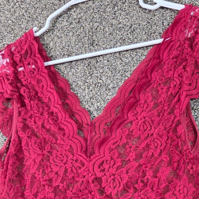 Unbranded Lace V-Neck Top Women Medium Fuchsia Pink Cap Sleeve Scalloped Hem