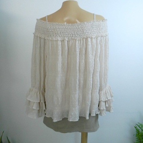 By Together Blouse Womens Medium Cream Swiss Dot Smocked Ruffle Bell Sleeve Boho