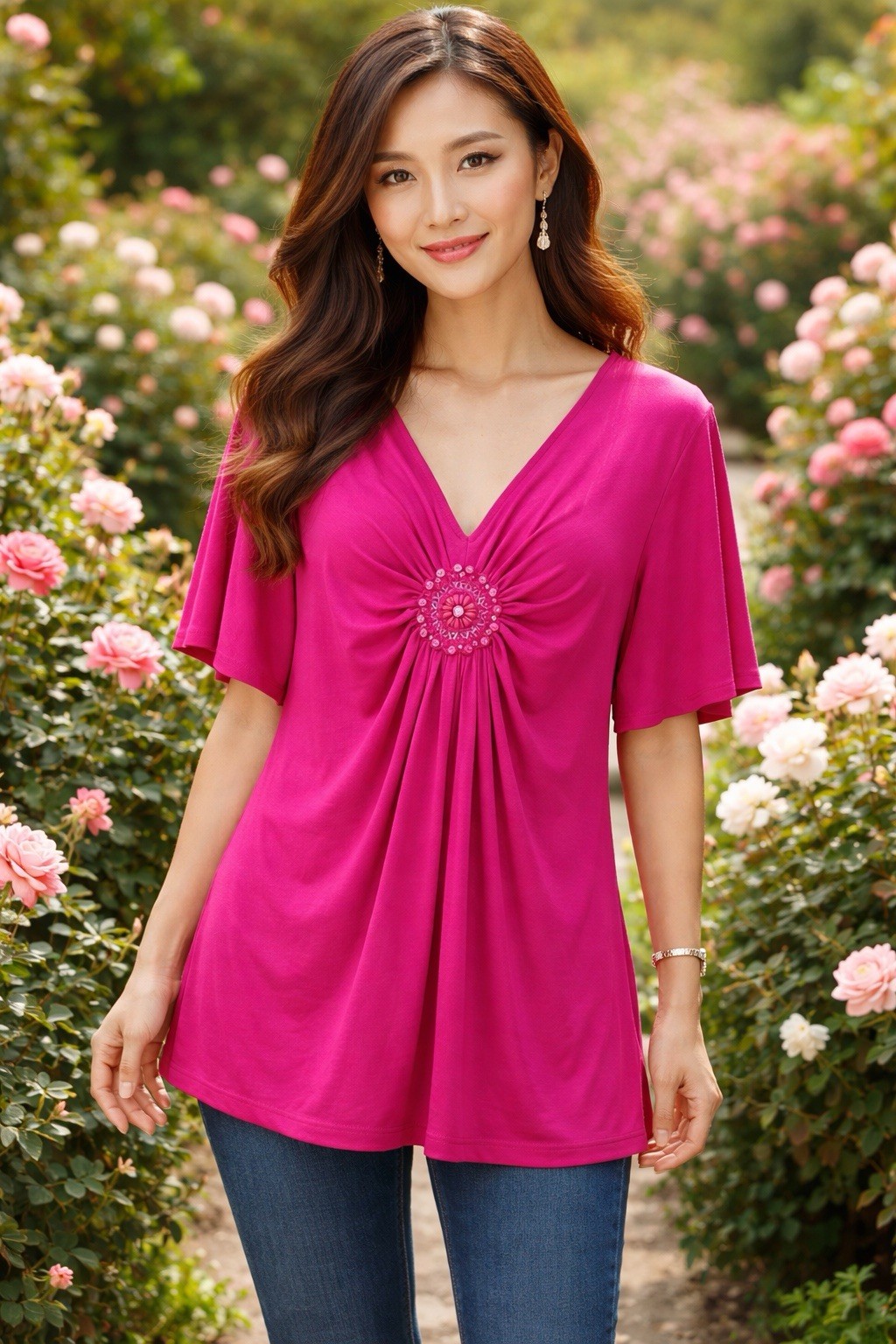 ECI Fushsia Beaded patchwork short sleeve tunic, V-neck blouse plus size XXL