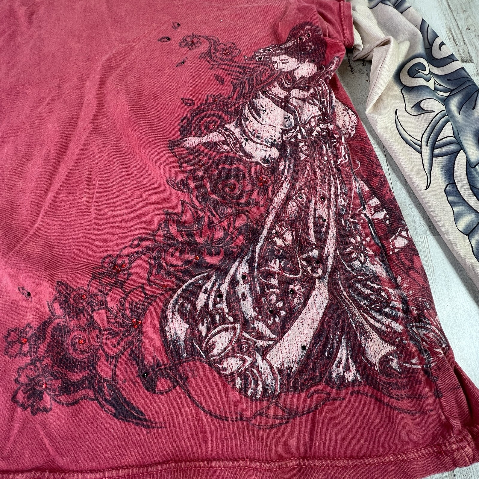 Bling Lady Grunge Distressed Long Sleeve Shirt Faux Tattoos Sz Large Made In USA
