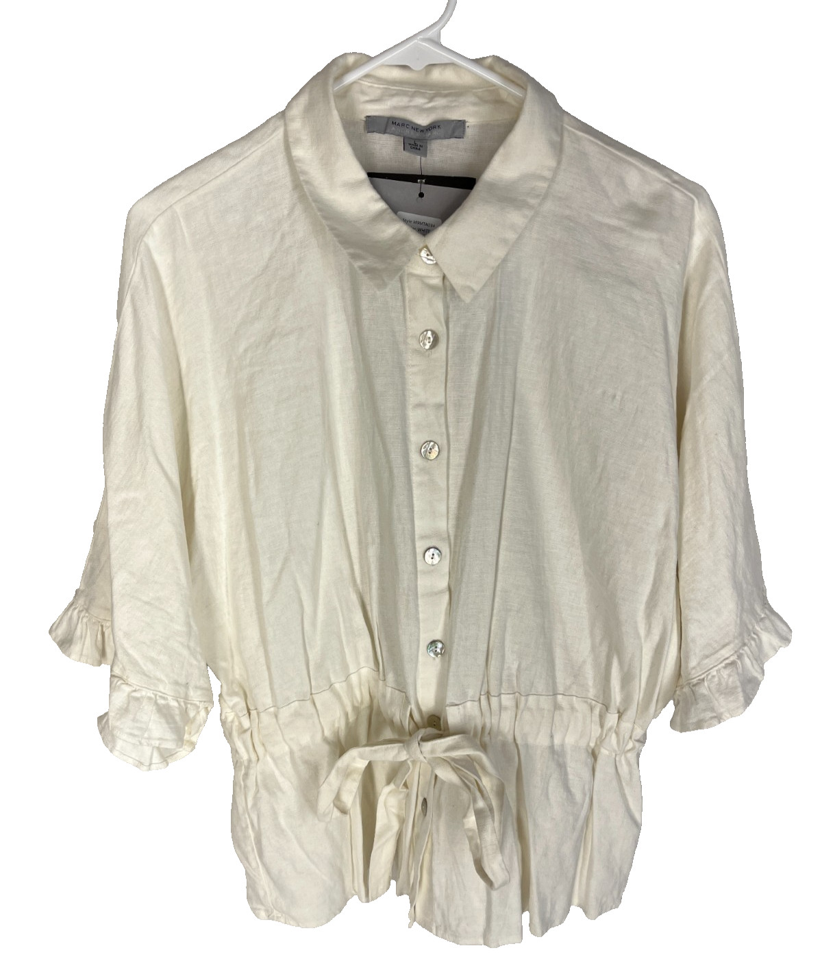 Marc New York Women’s Linen White Button-Up Ruffle Sleeve Blouse Large NEW NWT
