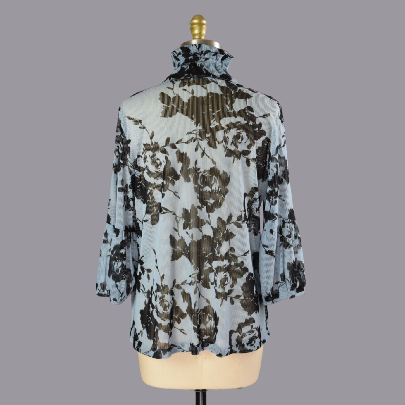 TERRA SJ Apparel Floral Wire Stand Up Ruffle Collar Blue Black Blouse Top Size M