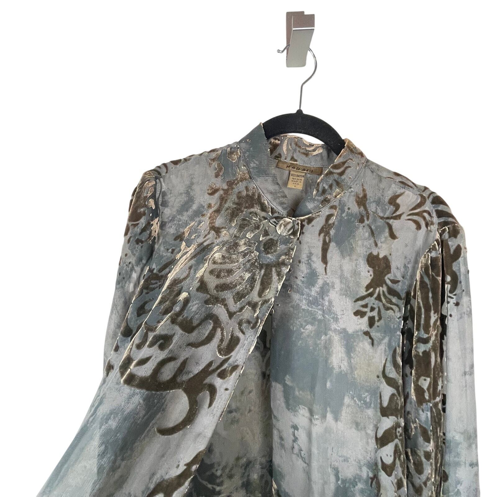 Harari Silk Blend Burnt Out Velvet Green One Button Sheer Cardigan USA Size L